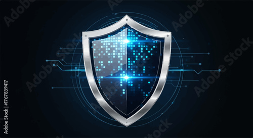 Digital shield symbolizing cybersecurity and data protection with glowing blue accents