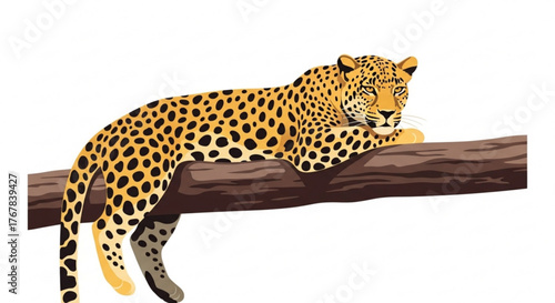Leopard resting on a tree branch in a vector illustration against white background