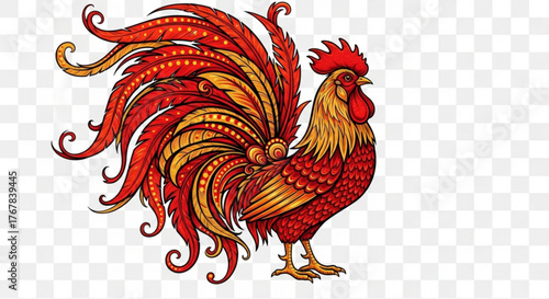Ornate rooster illustration with vibrant red and gold feathers in detailed design