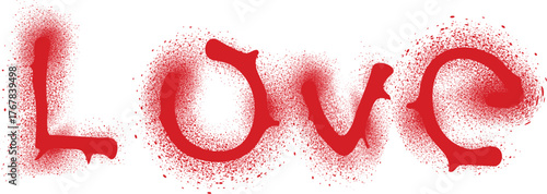 Red spray painted word love with a soft glow and white background