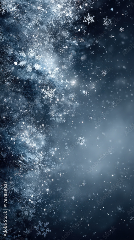 Obraz premium Silver glitter snowflakes falling on black background with subtle bloom effect