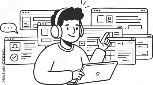 A person working on a laptop wearing headphones in a digital workspace environment.