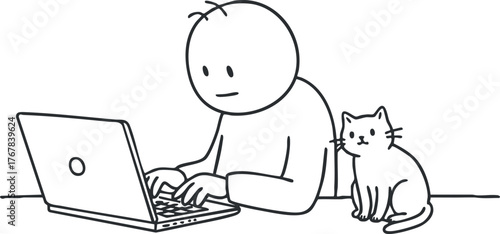 A person working on a laptop at home with a cat sitting nearby in a cozy setting.