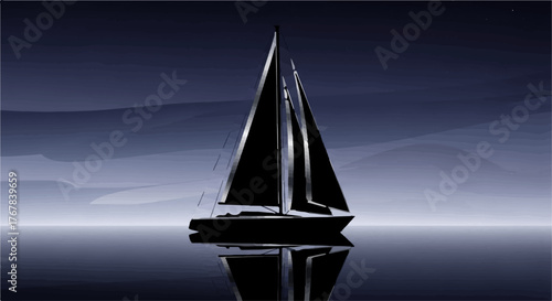 Elegant black sailboat glides across calm dark water under a moody twilight sky.