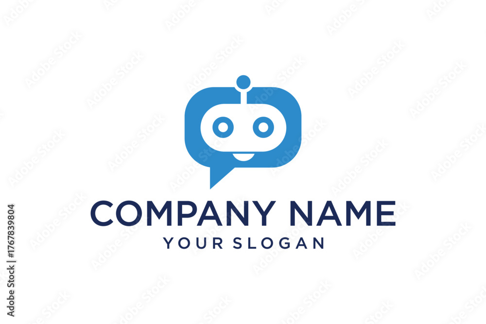Fototapeta premium Modern Blue Robot Chat Bot Logo in Speech Bubble for AI Communication Technology
