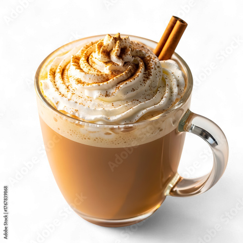 Delicious pumpkin spice latte with whipped cream and cinnamon stick isolated on transparent background, a perfect treat for a cozy autumn day