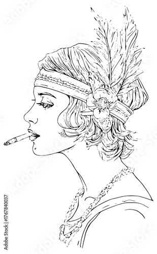 Retro portrait of a woman with a cigarette in her teeth