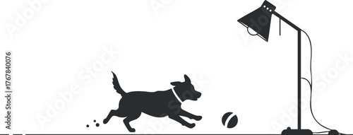 A playful silhouette of a dog chasing a ball under a lamp creating a cheerful atmosphere.