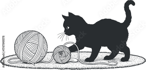 A playful silhouette of a cat interacting with yarn balls in a cozy setting.