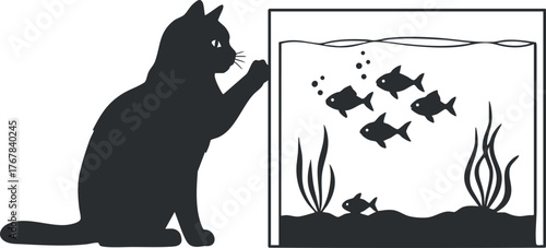 A playful silhouette of a cat observing fish in an aquarium illustrating curiosity and nature.