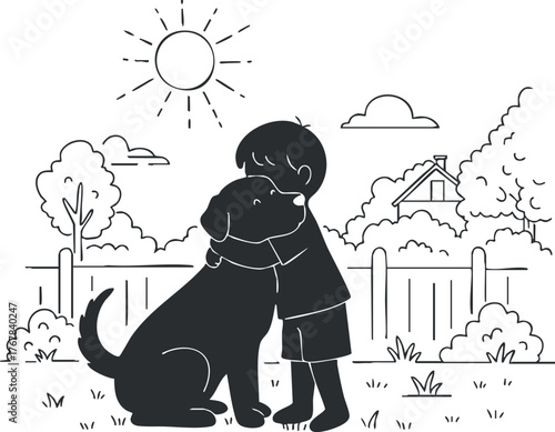 A boy happily hugging his dog in a sunny outdoor setting surrounded by nature.
