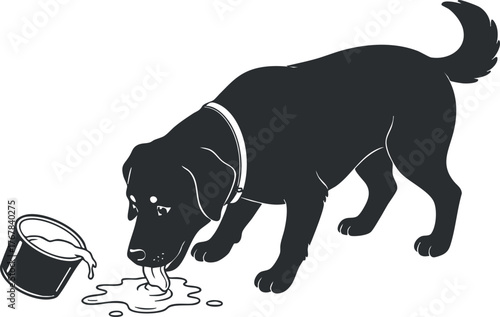 A cartoon illustration of a black dog drinking water from a bowl.