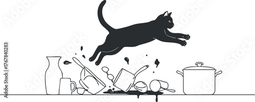 A playful cat jumps over a messy kitchen counter with spilled dishes and utensils.