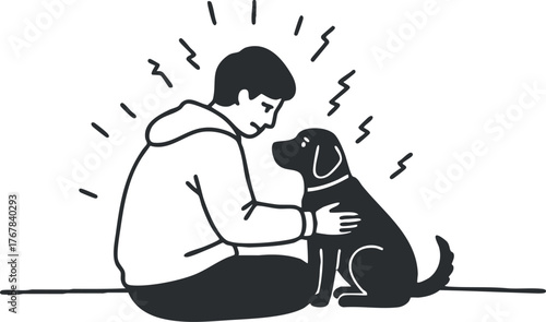 A person sitting on the floor, comforting a dog with affection and care.