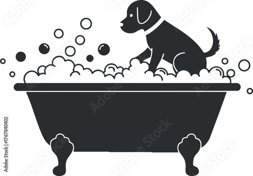 Illustration of a dog enjoying a bubble bath in a vintage bathtub.