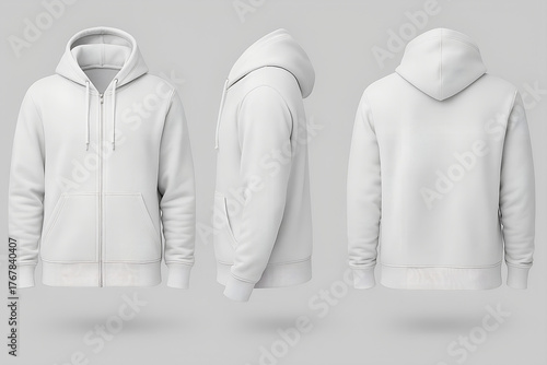 Clean white zip up hoodie mockup from multiple angles