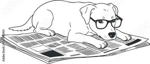 A cartoon dog wearing glasses reading a newspaper in a humorous and playful style.