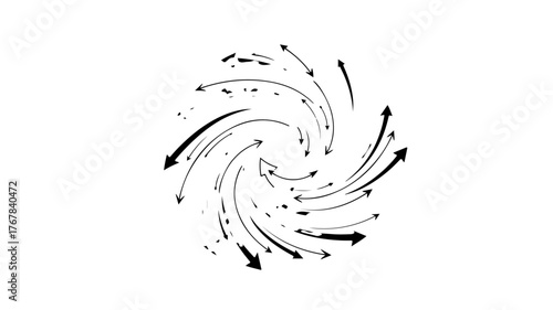 Abstract swirl of arrows in circular motion dynamic vector design element isolated on white background