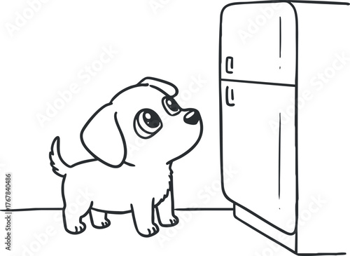 A cute cartoon puppy curiously looking at an open refrigerator in a kitchen setting.