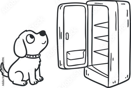 A playful cartoon dog eagerly waiting in front of an open fridge looking for food.