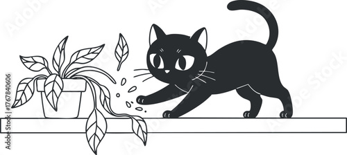 A playful black cat interacts with a potted plant in a charming illustration.
