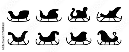 Various designs of sleighs in silhouette form showcasing traditional holiday themes and styles