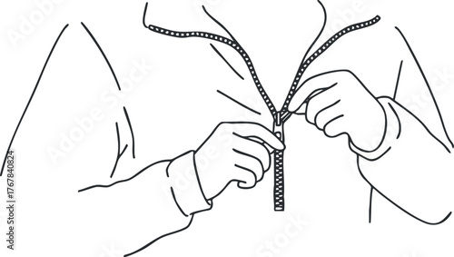 A person fastening a zipper on a jacket illustrating the action of getting dressed.