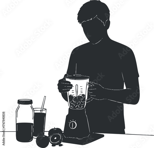 Person using a blender to prepare a smoothie with fruits and vegetables in a kitchen setting.