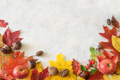Half frame autumn background, flat lay in with fall leaves, apples, acorns, chestnuts and rose hips on a white plaster surface, copy space