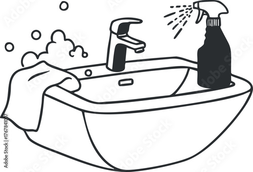 Illustration of a sink with cleaning spray bottle and bubbles, ideal for hygiene and cleaning themes.