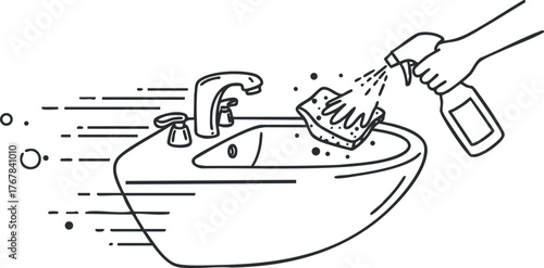 A person cleaning a sink with a sponge and spray bottle depicting hygiene and maintenance.