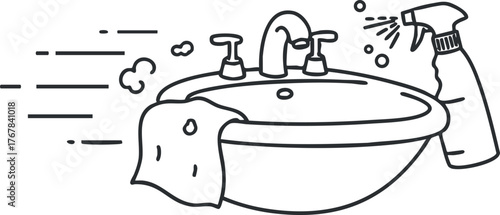 A minimalist illustration of a bathroom sink with cleaning supplies and a towel.