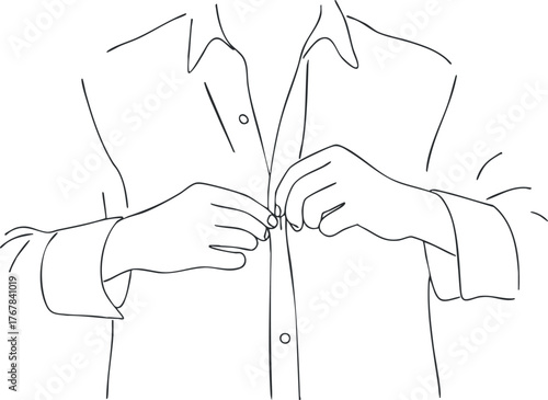 A person buttoning a white shirt, showcasing fashion and personal style in dressing.