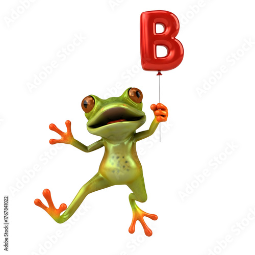 Happy cartoon frog is holding a red balloon isolated on transparent background