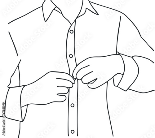 A minimalist illustration of a man buttoning his shirt with both hands.