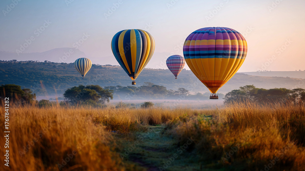 Obraz premium Sunrise hot air balloons floating above the Maasai Mara, herds below, Africa, balloons, safari, landscape, sunrise, tourism, adventure, with copy space