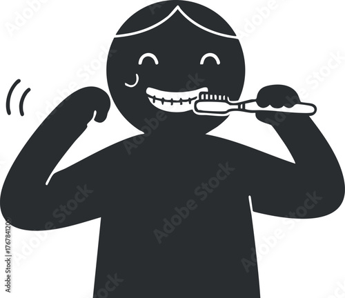 A cartoon character happily brushing their teeth with a toothbrush in a playful manner.