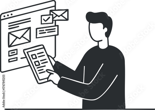 A person using a tablet to manage emails and digital communications in a modern workspace.