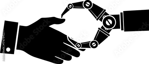 Human hand and robot arm handshake icon. Concept of partnership between human and robot. Vector illustration for business, technology