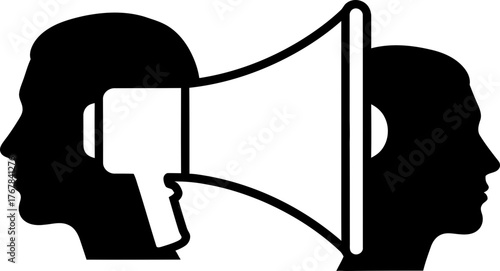 Head profiles with megaphone speaker icon. Communication, public speaking, influencing, and listening concept. Vector symbol