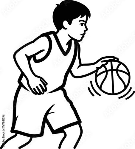 Boy dribbling basketball. Sport, game and activity concept. Simple vector illustration for poster, flyer, print, banner, icon or symbol