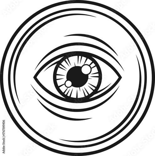 Eye symbol in circle, vintage mystic all-seeing eye. Alchemy, spiritual, magic occultism icon for tattoo, print design. Black and white vector illustration