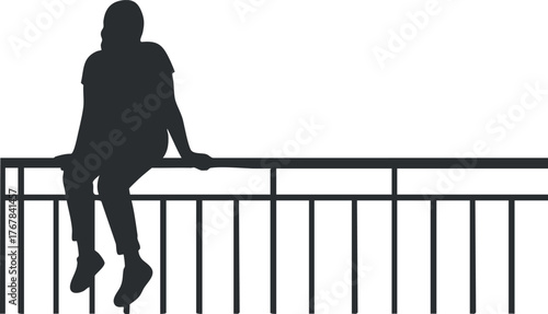 Silhouette of a person sitting on a railing in a minimalist outdoor setting.