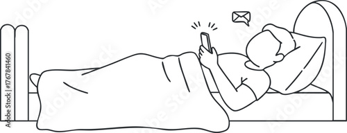 Person lying in bed checking phone notifications at night in a cozy bedroom setting.