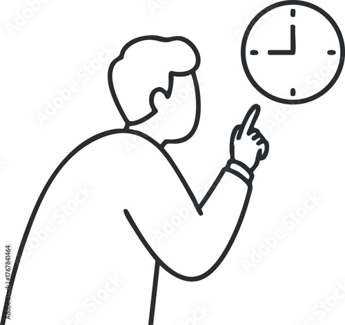 A man pointing at a clock emphasizing the importance of time management and schedules.