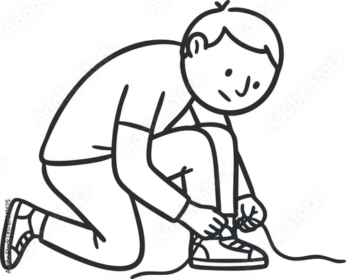 A simple illustration of a boy kneeling and tying his shoelaces on sneakers.
