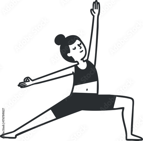 A woman practicing yoga in warrior pose, showcasing strength and focus for fitness enthusiasts.