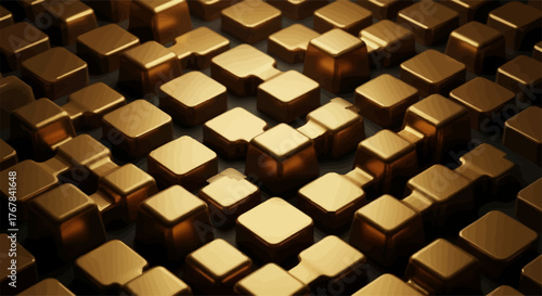 Abstract golden cubes arranged in a geometric grid pattern with subtle lighting and shadows