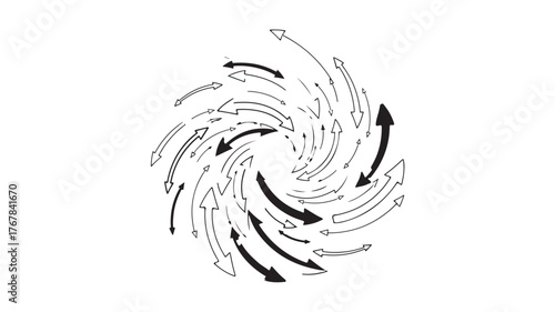 Swirling arrows create a dynamic, circular pattern on a white background.