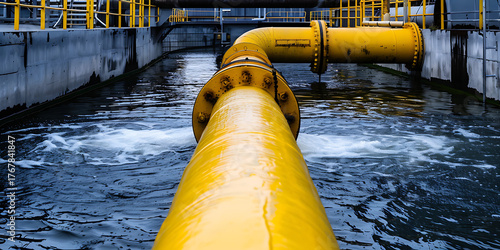 Industrial yellow pipeline carrying water in treatment plant